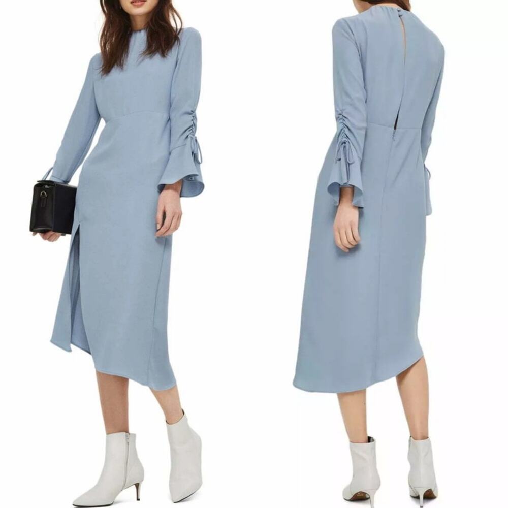 NWT* Topshop Ruched Long Sleeve Asymmetrical High Neck Midi Dress‎ Periwinkle 12